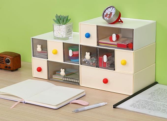 Desktop Storage Drawers, Plastic Desk Organizer with 6 Drawers, Modular Stackable Toolbox Units for Office Stationary, Makeup Container, Bathroom Countertop (3 Tiers, Cream & Clear)