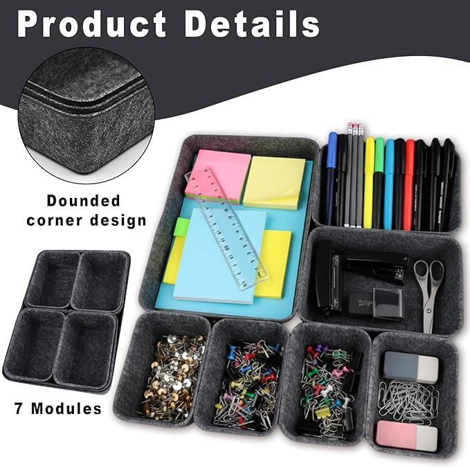 Drawer Organizer Compatible with Alex – 7 Pack Felt Desk and Makeup Drawer Organizers, Soft Storage Bins for Office, Vanity, Bedroom, and Dresser Drawers