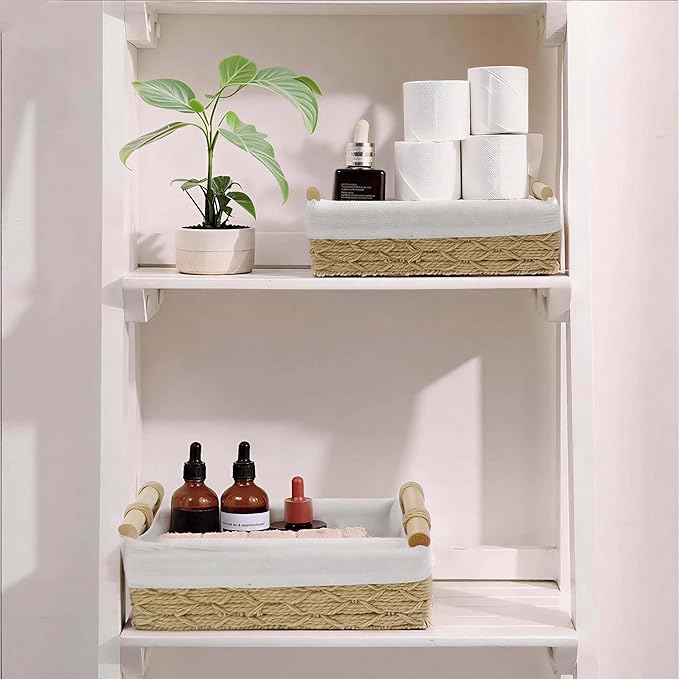 Toilet Paper Storage, Boho Bathroom Decor Woven Basket with Handle Toilet Paper Basket for Organizing Bedroom Living Room Kitchen Storage and Shelf, 2 - Piece Set (Large & Medium)