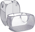 2 Pcs Durable Collapsible Laundry Baskets - Reinforced Mesh Pop Up Laundry Hamper with Pocket, Foldable Dirty Clothes Hamper with Carry Handles for Laundry, Bathroom, Kids Room, Dorm or Travel Grey
