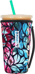Reusable Neoprene Insulator Sleeve for Iced Coffee & Cold Soda, Coffee Sleeves for Iced & Hot Drinks, Cold Beverage Cooler Compatible with Starbucks, Dunkin (Blue&Pink Leave, Large: 32oz)