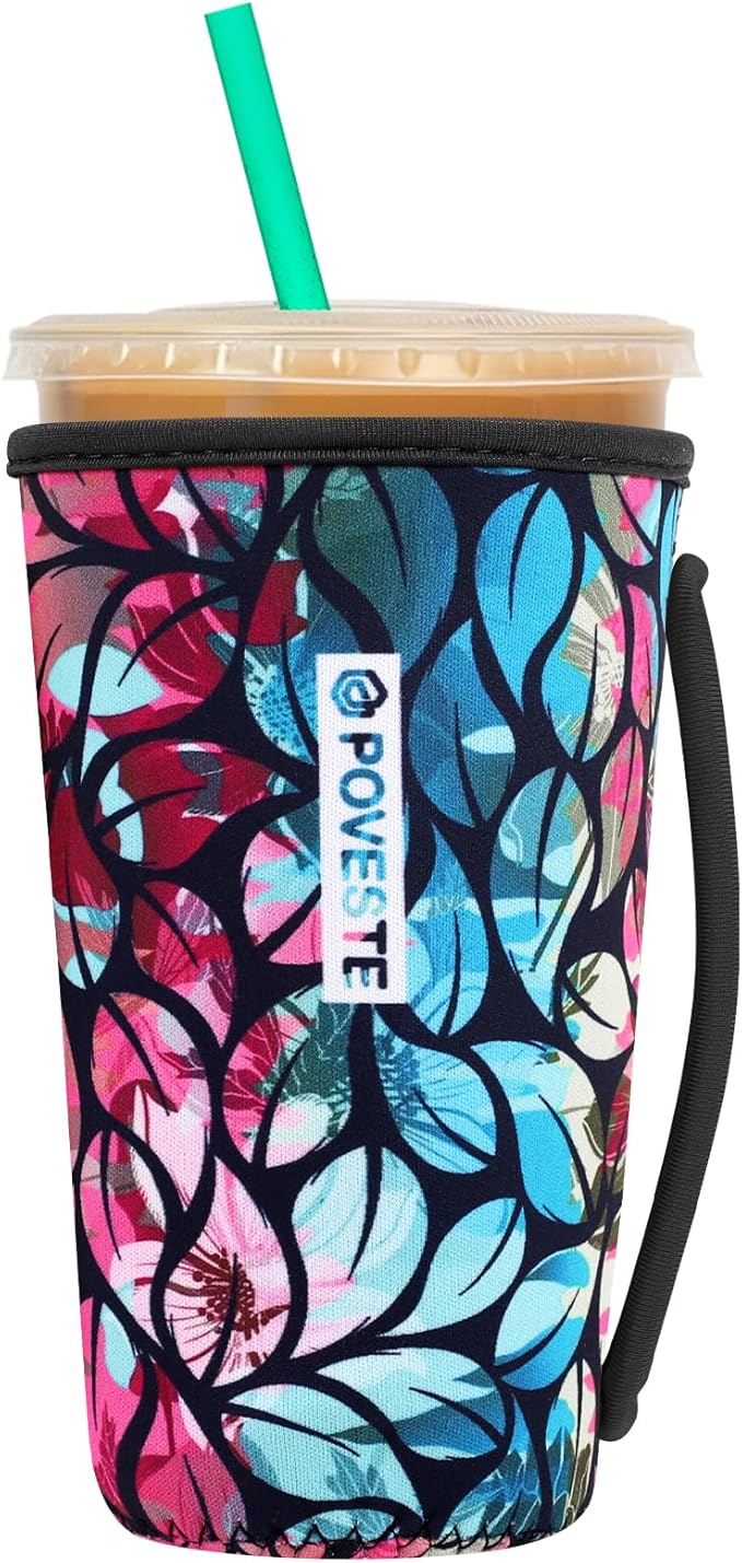 Reusable Neoprene Insulator Sleeve for Iced Coffee & Cold Soda, Coffee Sleeves for Iced & Hot Drinks, Cold Beverage Cooler Compatible with Starbucks, Dunkin (Blue&Pink Leave, Large: 32oz)