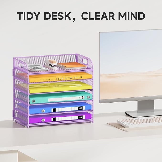 6 Tier Paper Organizer, Purple Letter Tray with Handle, Mesh Desk Organizer, Metal File Organizer, Office Desk Accessories for Home, Office, Classroom, School
