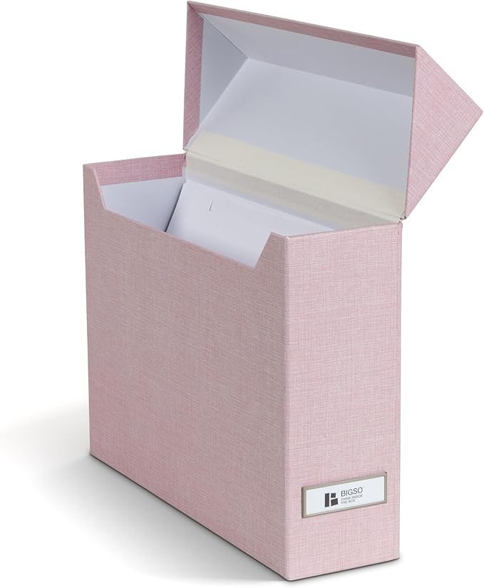 Bigso Lovisa Fiberboard Label Frame 12 File Storage Box - Paperwork Storage Box with Metal Label Holder - Durable Document Organizer with Flip Top Lid - 3.7in x 13in x 9.4 in - Melange Pink