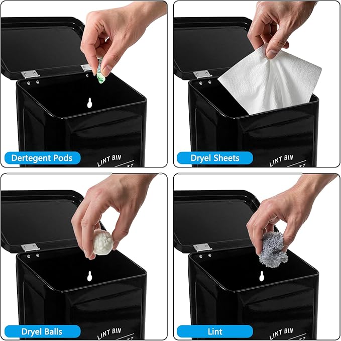 DreamsEden Laundry Lint Bin with Brush, Magnetic Wall Mount Container, 7 x 10 inch Steel Lint Collector 3.5L Storage Holder Organizer for Dryer Sheets Wool Balls Laundry Pods (Black)
