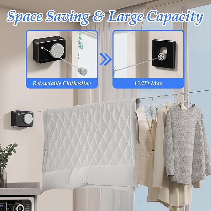 Danpoo Retractable Clothesline Heavy Duty- Anti-Sag Wall Mounted Indoor/Outdoor Clothes Drying Line with Stainless Steel Rope & Pulley System