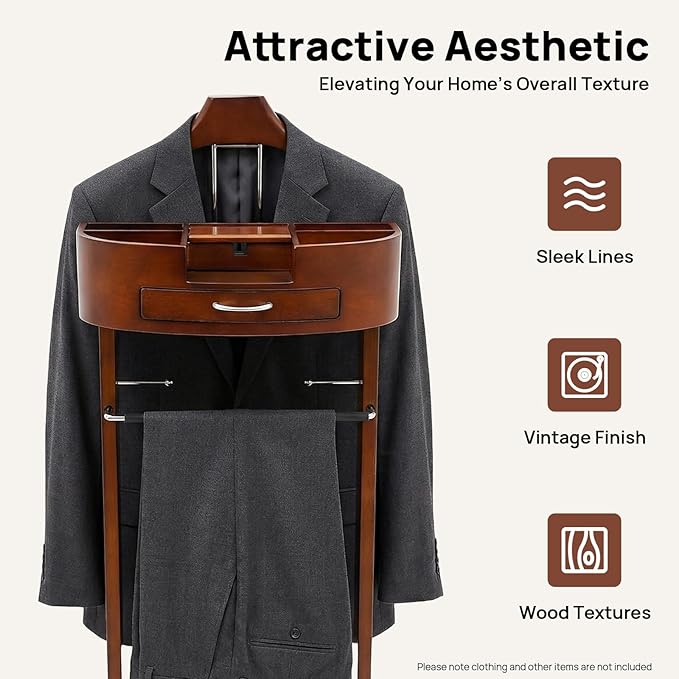 Freestanding Clothing Valet Stand, Wood Mens Valet Stand with Multi-Compartment Tray and Drawer Clothes Rack with Drawers for Entryway Office Living Room