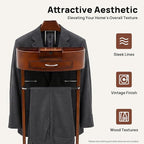 Wood Suit Rack, Freestanding Clothing Valet Stand, Wood Suit Valet Stand Clothes Rack with Tray and Drawer for Hats, Scarves, Bags, and Clothes for Bedroom, Living Room, Hallway, Apartment