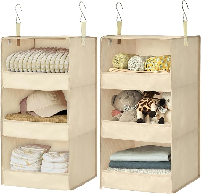 GRANNY SAYS 3 Shelf Hanging Closet Organizers and Storage, Collapsible Closet Storage Organizer with 2 Metal Hooks, Leak-Proof Hanging Shelves for Wardrobe, RV Camper, Locker, 2 Pack, Khaki