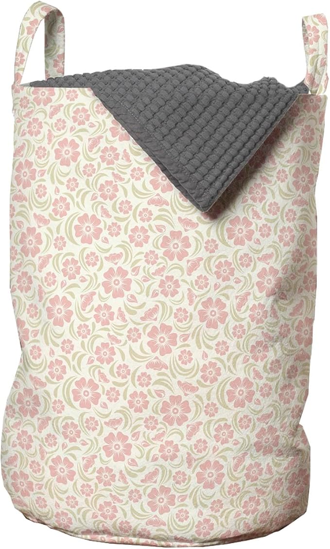 Ambesonne Flower Laundry Bag Pack of 2, Vintage Old Fashioned Floral Pattern Silhouettes Briar Shrubs Roses Retro, Hamper Basket with Handles Drawstring Closure, 13" x 19", Rose Pale Green White