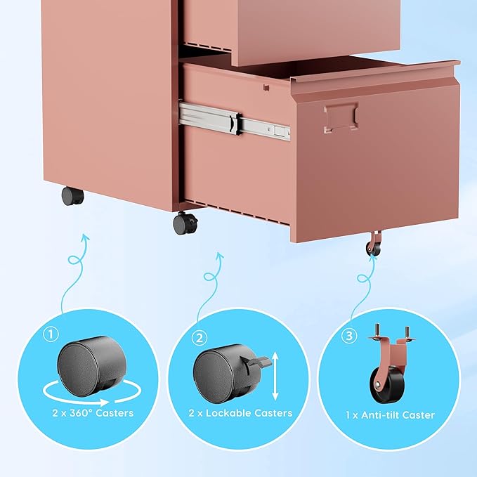 Aobabo 2 Drawer Filing Cabinet with Wheels, Lockable Metal File Cabinet with Business Card Slot for Legal/Letter Size Home Office, Required Assembled,Pink