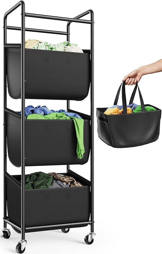 3 Section Laundry Sorter with Removable Bags, 120L Rolling Vertical Laundry Hamper, Stackable Laundry Baskets organizer for Bathroom, Apartment, Dorm (Black, With Wheel)