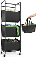 3 Section Laundry Sorter with Removable Bags, 120L Rolling Vertical Laundry Hamper, Stackable Laundry Baskets organizer for Bathroom, Apartment, Dorm (Black, With Wheel)