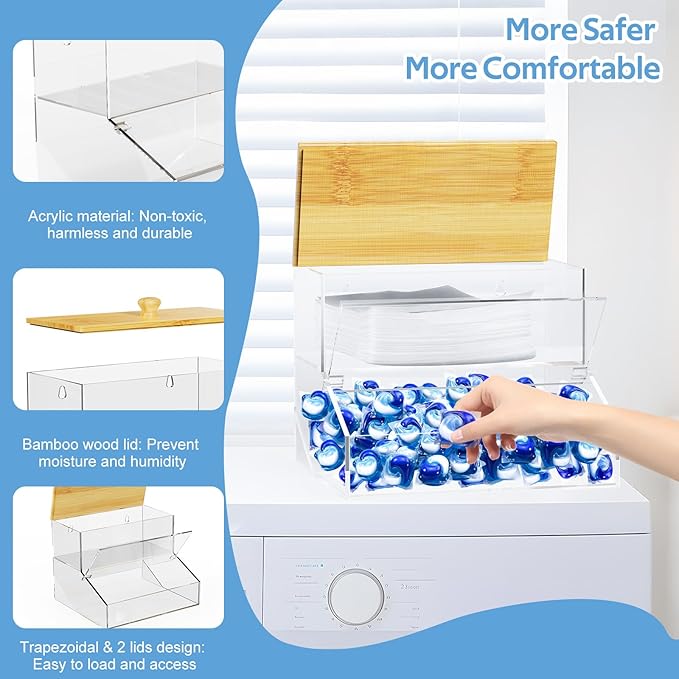 JYPS 2-in-1 Laundry Organizer with Large Capacity: Double-Layer Transparent Acrylic Storage Box with Bamboo Lid for Pods, Dryer Sheets & Supplies