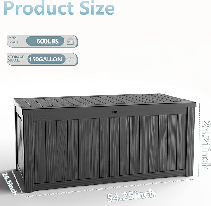 150 Gallon Deck Box Outdoor, Waterproof Outdoor Storage Boxes with Lids, Outside Resin Lockable Storage Box for Patio Cushions, Garden Tools(Black)