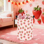 QUEENLALA Large Storage Basket,Laundry Hamper/Bathroom/Home Decor/Collapsible Round Storage Bin,Boys and Girls Hamper/Boxes/Clothing(Round-Pink Strawberry)