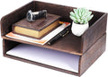 2 Pcs Stackable Desk Tray, Wood Document Organizer, Retro Brown Desktop Accessories with Open Front Design, Wooden Folder Organization Rack Desk Tray for Office, Home, 12.4 x 9.4 x 3.5 in