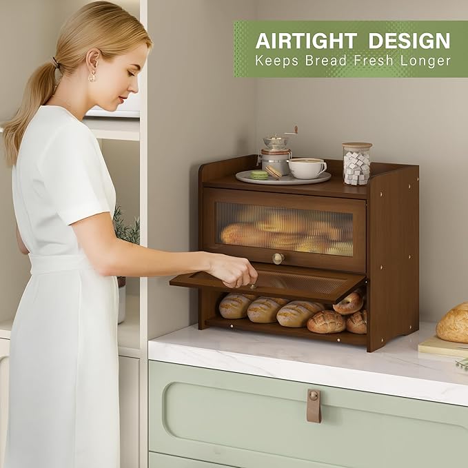 Large Bread Box for Kitchen Countertop Wooden Double Layer Breadbox Organizer with Window Vintage Farmhouse Bread Storage Container for Homemade Bread (Brown)