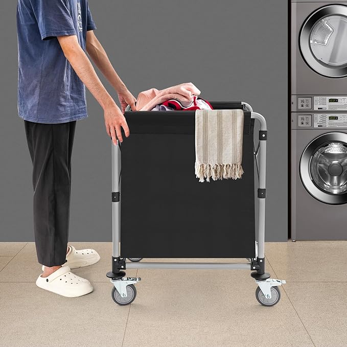 Commercial Laundry Cart with Wheels, 220LBS Capacity Heavy Duty Rolling Laundry Sorter with Steel Frame and Waterproof Oxford Cloth, Folding Laundry Hamper with Removable Bag for Home & Hotel (Black)