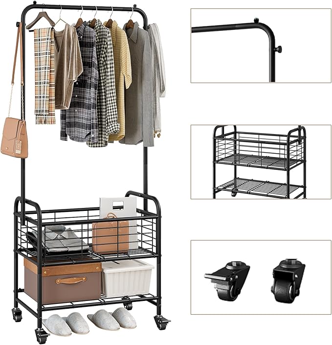 SUOERNUO Laundry Cart with Hanging Rack Rolling Laundry Hamper Sorter with Wheels Shelf,Black