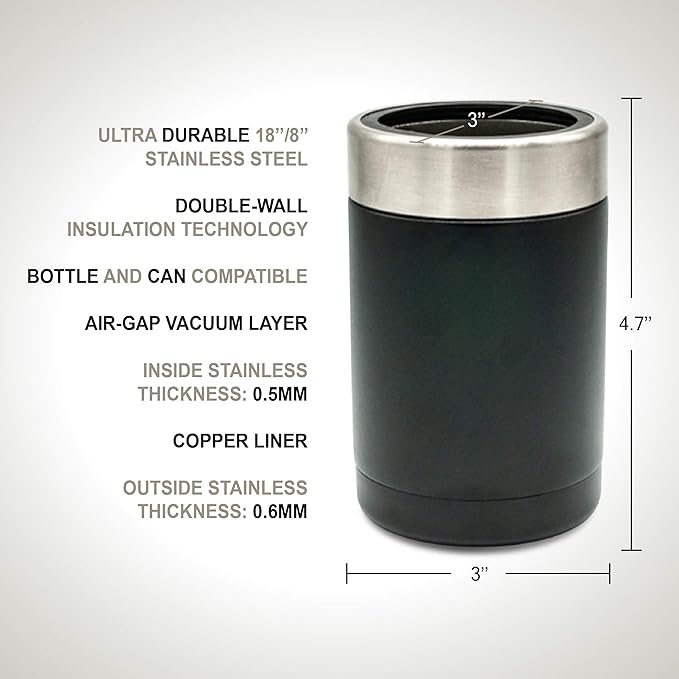 Tahoe Trails Stainless Steel 12oz Vacuum Insulated Can and Bottle Cooler | Double Wall Can Cooler For Cans and Bottles | Copper Plated Can Chiller and Metal Cooler| Black