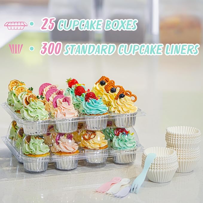 (12 Pack x 25 Sets) Stackable Cupcake Carrier with 300 Pack Cupcake Liners, Plastic Cupcake Boxes Holders for 12 Cupcakes, Cupcake Containers, Clear Disposable Cupcake Trays