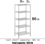 24" Deep x 36" Wide x 86" Height Wire Shelving Kit | 5-Tier | NSF Commercial Storage Rack Unit
