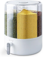 Grain and Rice Storage Container, 6 Grid Grain Dispenser, 360° Rotating 25lb Large Food Dispenser, Rice Dispenser Upgrade 6 Compartment Rotating, Airtight Storage White