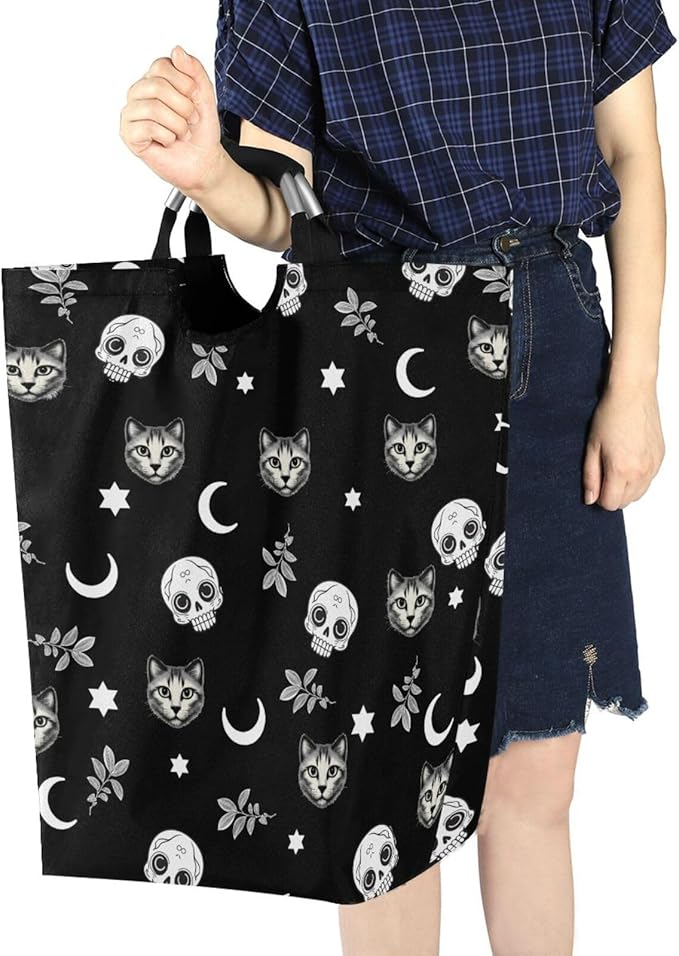 Gothic Moon Skull Cat Laundry Basket for College Dorm,50L Collapsible Portable Laundry Hamper Storage Basket for Toys Clothes Organizer