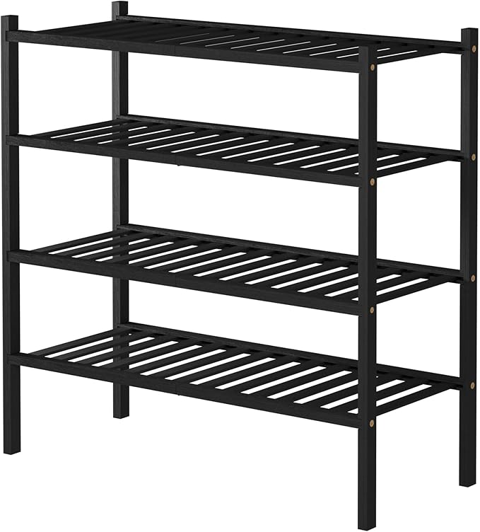 4 Tier Bamboo Shoe Rack for Closet Free Standing Wood Shoe Shelf for Entryway Small Space Stackable 27"x11"x26" (Black)