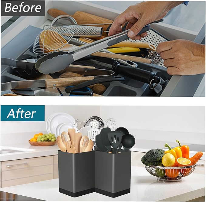 Suli Utensil holder, Kitchen Utensil Organizer for Corner Countertop,Extra Large Silverware Organizer with 3 Compartments,Farmhouse Decor, Iron, Grey