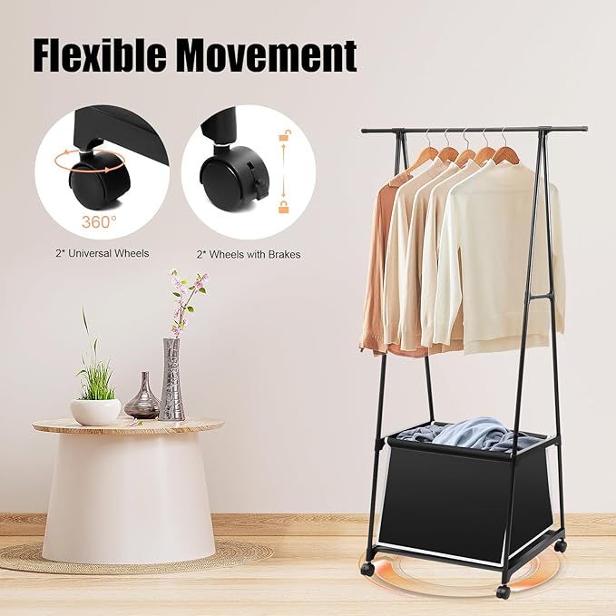 Laundry Cart with Hanging Rack, Metal Rolling Laundry Cart Laundry Hamper with Fabric Storage Basket Clothes Rack with Lockable Wheels for Hanging Clothes & Storing Toys Hats (Black)