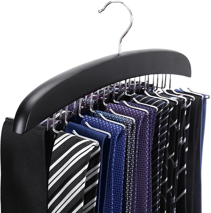 Wooden Tie Hanger,24 Tie Organizer Rack Hanger Holder Hook (Black, 24 Hooks)