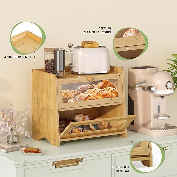Large Bread Box for Kitchen Countertop, Double Layer Breadbox Bread Container Storage with Acrylic Door, Wooden Farmhouse Bread Holder (Bamboo, Large-16.54" L x 9.84" W x 14.96" H)