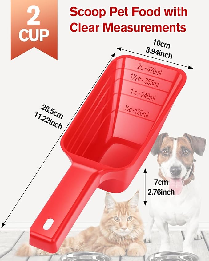 2 Cup Dog Food Scoop(2 Pack), Plastic Pet Food Scoop with Measuring Lines for Accurate Pet Food Portions,Dishwasher Safe (Red)