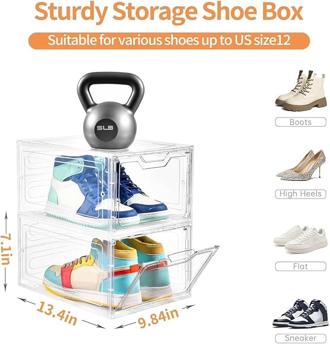 12 Pack Thicken & Sturdy Clear Shoe Storage Organizer with Magnetic Door, Shoe Boxes Clear Plastic Stackable for Closet, Shoe Rack for Sneaker Boot Container, Shoe Cabinet Fit up to US Size 12