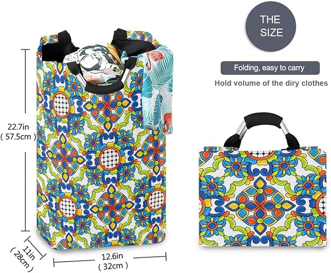 Mexico Talavera Tiles Laundry Basket for College Dorm,50L Collapsible Portable Laundry Hamper Storage Basket for Toys Clothes Organizer