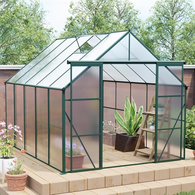 Heavy-Duty Walk-in Polycarbonate Greenhouse with Dual Sliding Doors, Adjustable Roof Ventilation, and Galvanized Steel Base for Year-Round Outdoor Gardening (Green 8*10FT)