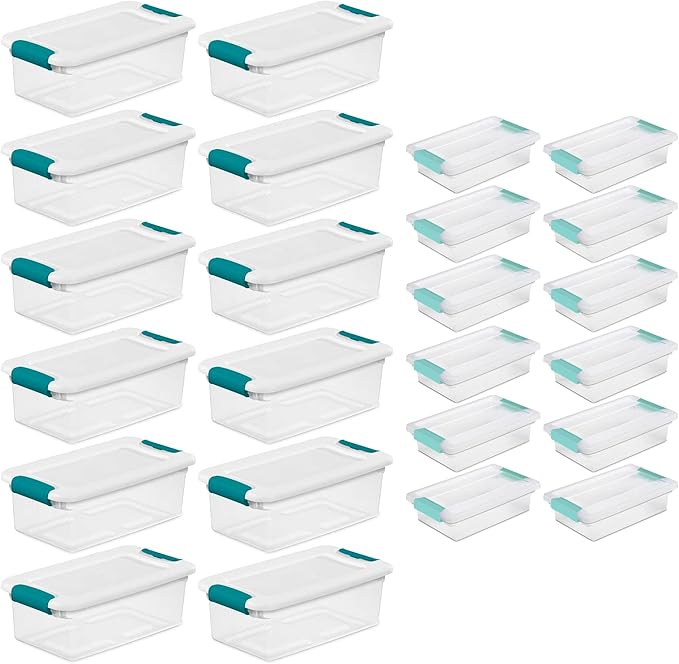 Sterilite 6 Quart Clear Latch Lid Stackable Storage Box Tote, 12 Pack, and Small Clear Latch Lid File Clip Box, 12 Pack for Household Organization