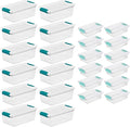 Sterilite 6 Quart Clear Latch Lid Stackable Storage Box Tote, 12 Pack, and Small Clear Latch Lid File Clip Box, 12 Pack for Household Organization