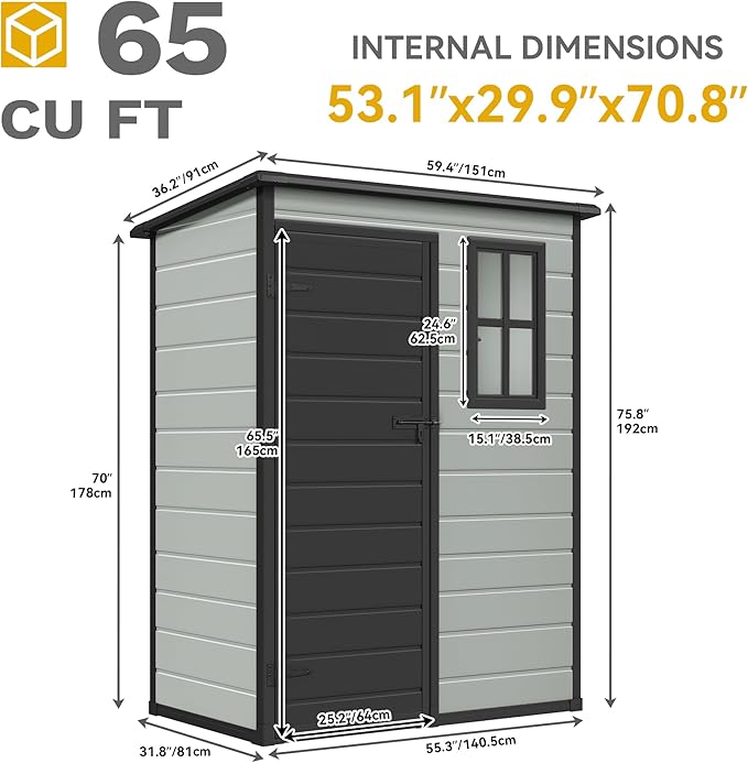 DWVO 5x3ft Resin Outdoor Storage Shed with Floor, Waterproof Lockable Storage Shed with Window, Plastic Outside Tool Storage for Garden, Backyard Patio