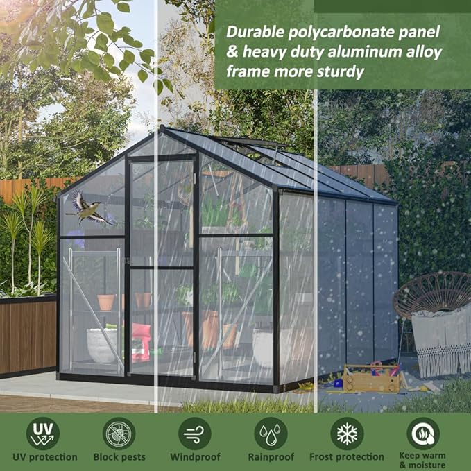 Outdoor Polycarbonate Greenhouse with Aluminum Frame, Walk-in Garden Green House Featuring Lockable Door, Adjustable Roof Vent, and UV-Protected Panels for Backyard or Patio Use (6x8 FT)