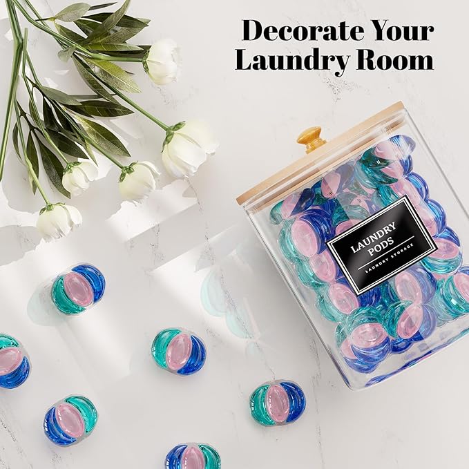 4 Pack Glass Laundry Pods Container, Clear Laundry Room Organization Containers with Lids & Labels, Powder Laundry Detergent Container for Scent Booster, Powder