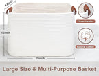 Large Cotton Rope Storage Basket with Leather Handles, Laundry Hamper Basket, 20 "L x 14" W x 12 "H, Durable & Stylish Organizer for Home.(Large White)