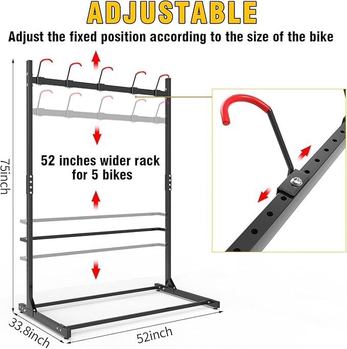 Freestanding 5 Bikes Stand w/Upgrade Hooks, 52" Heavy Duty Garage Vertical Storage Rack for Storage, Bike Floor Stand Indoor Outdoor Bicycle Organizer