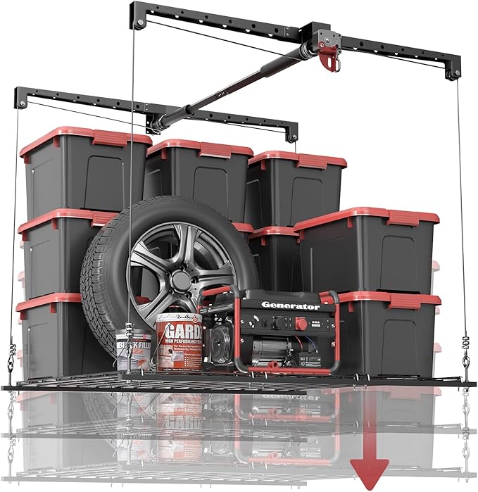 Overhead Garage Storage Lift, Heavy-duty 4x4 Ft Garage Ceiling Storage Racks with Safety Lock, Ideal for Ceiling Storage Lifting Organization System, 250lbs Capacity