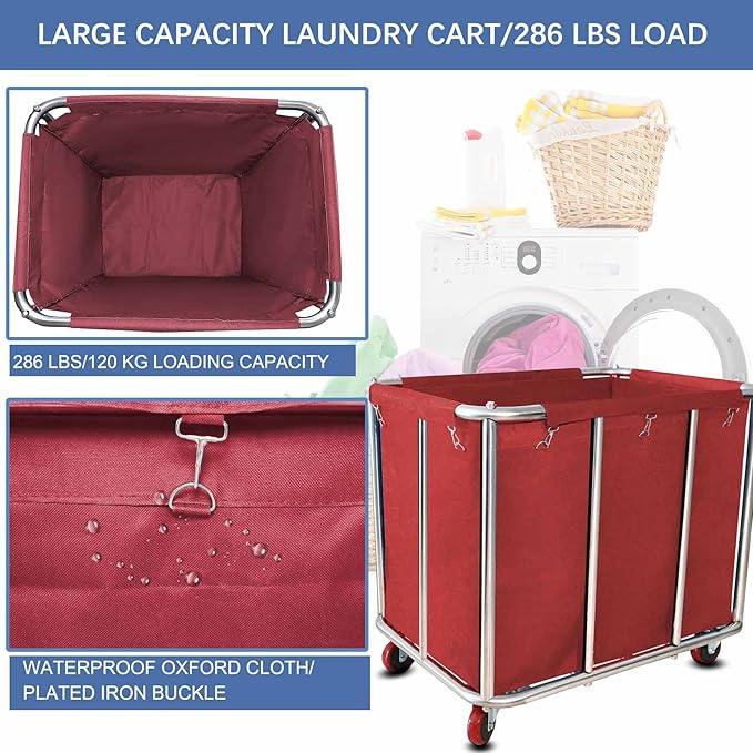 Laundry Cart Commercial,11.35 Bushel Large Industrial Rolling Laundry Hamper with 4 Inch Wheels,Household Heavy Duty Laundry Baskets with Stainless Steel Frame, 286 LBS Weight Capacity