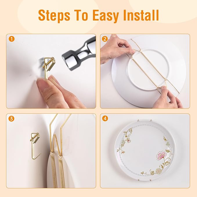 Bilillo 12 Pieces Invisible Wall Plate Hangers 10/12/14 Inches Wall Plate Hangers Stainless Steel Decorative with 12 Pieces Hook with Nails Suitable for 8-16 inch Decorative Antique and Arts(Gold)