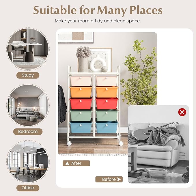 RELAX4LIFE Rolling Storage Cart with 10 Drawers - Craft Storage Cart with Lockable Wheels,Utility Cart, Art Cart Organizer for Crafting Storage, Studio, Office, Home, School Rolling Drawer Cart