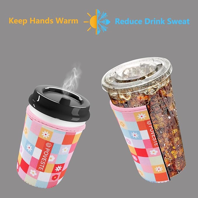 Reusable Neoprene Insulator Sleeve for Iced Coffee & Cold Soda, Coffee Sleeves for Iced & Hot Drinks, Cold Beverage Cooler Compatible with Starbucks, Dunkin (Boho Floral, Medium: 22-24oz)
